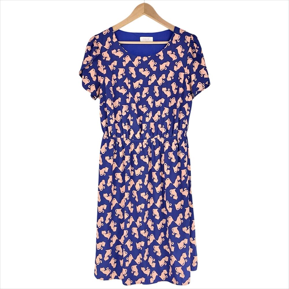 PEACH LOVE for MODCLOTH Cat Print Dress Cobalt Blue/Pink Size 1X Elastic Waist